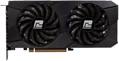 Carte graphique PowerColor avec deux ventilateurs noirs et le logo de la marque sur chaque pale.