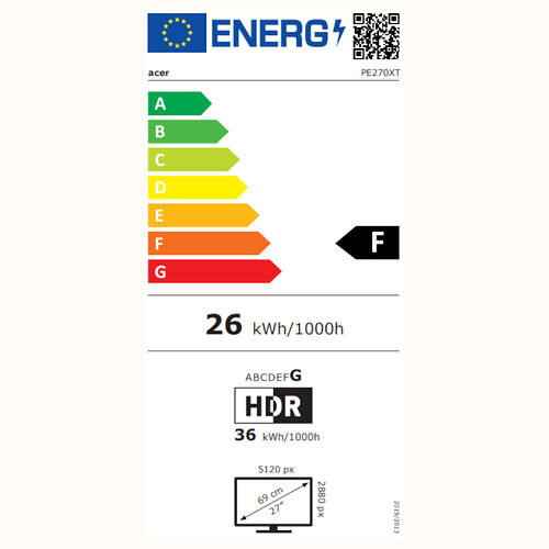 Étiquette d'efficacité énergétique pour un écran Acer, classé en catégorie F avec une consommation de 26 kWh/1000h. L'écran affiche une résolution de 5120 x 2880 px pour une diagonale de 27 pouces.