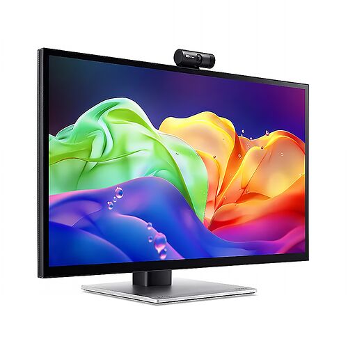 Écran d'ordinateur avec une webcam noire fixée sur le dessus, affichant un fond d'écran coloré aux formes abstraites.