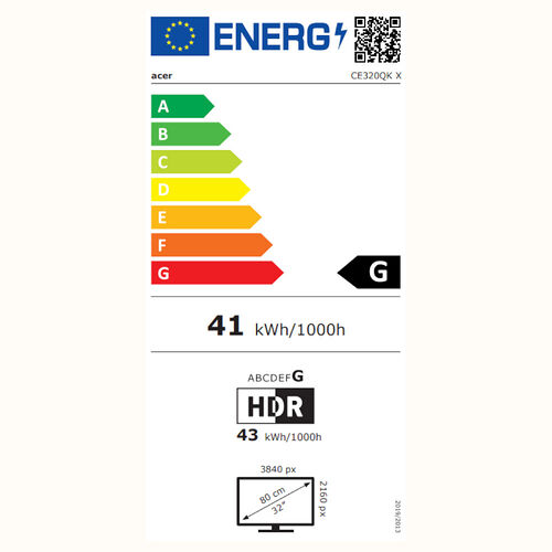 Étiquette d'efficacité énergétique pour un écran Acer de 32 pouces avec une consommation de 41 kWh/1000h et une classe énergétique G.