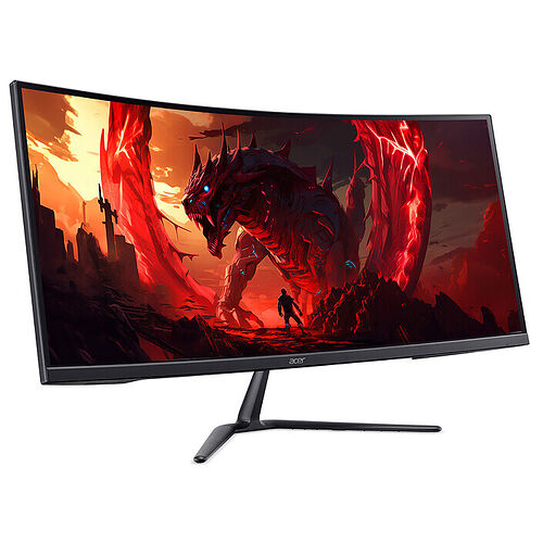 Écran incurvé Acer affichant une illustration fantastique d'un dragon rouge imposant. L'écran est monté sur un pied noir minimaliste.