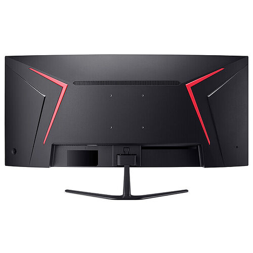 L'arrière d'un écran incurvé noir avec des détails rouges en forme de chevrons et un pied de support noir.