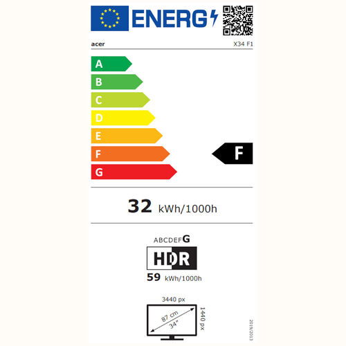 Étiquette d'efficacité énergétique pour un écran Acer de 34 pouces, classé en catégorie F avec une consommation de 32 kWh/1000h.
