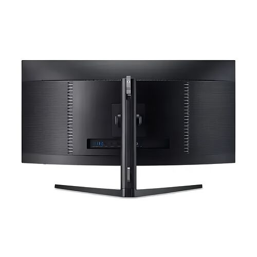 L'arrière d'un écran de PC incurvé noir avec un pied en forme de U.