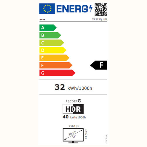 Étiquette d'efficacité énergétique pour un écran Acer, classé en catégorie F avec une consommation de 32 kWh/1000h. L'écran affiche une résolution de 2560 px et une taille de 32 pouces.