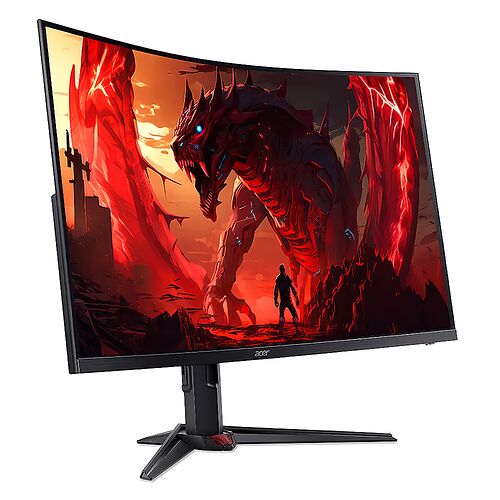Écran incurvé Acer affichant une illustration fantastique d'un dragon rouge et d'un personnage dans un paysage sombre.