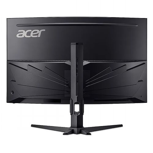 Écran incurvé Acer de couleur noire avec un pied de support central et une base en forme de croix.