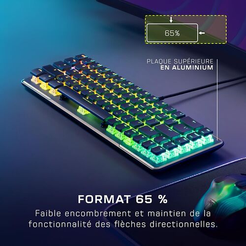 Clavier mécanique format 65 % avec rétroéclairage RGB et plaque supérieure en aluminium. Le clavier présente des touches colorées et un design compact.