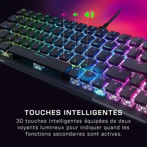 Clavier gamer Turtle Beach avec rétroéclairage RGB multicolore et touches intelligentes équipées de voyants lumineux pour indiquer les fonctions secondaires actives.