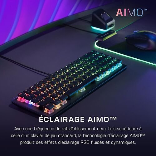 Clavier gaming avec rétroéclairage RGB dynamique de technologie AIMO™, présentant des effets de lumière colorés sur les touches.