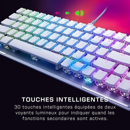 Clavier mécanique Turtle Beach avec touches blanches rétroéclairées en RGB. Le clavier présente des touches intelligentes avec des indicateurs lumineux pour les fonctions secondaires.