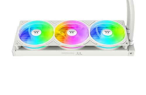 Refroidisseur liquide Thermaltake avec trois ventilateurs blancs dotés d'un éclairage RGB multicolore.
