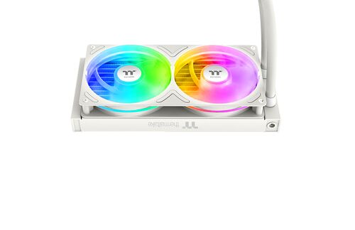 Refroidisseur liquide Thermaltake blanc avec deux ventilateurs à éclairage RGB multicolore.