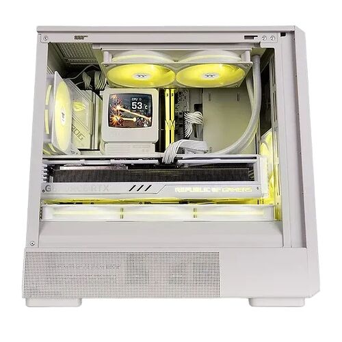Un PC avec un boîtier blanc et des composants rétroéclairés en jaune, incluant une carte graphique ASUS ROG et un écran de contrôle affichant la température du processeur.