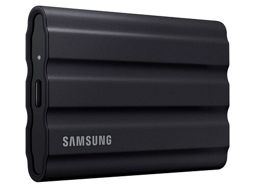 Disque dur externe Samsung de couleur noire avec une texture striée sur la coque.