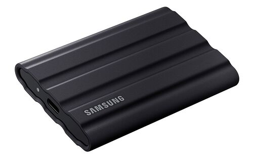 Disque dur externe Samsung de couleur noire avec une texture striée sur le dessus.