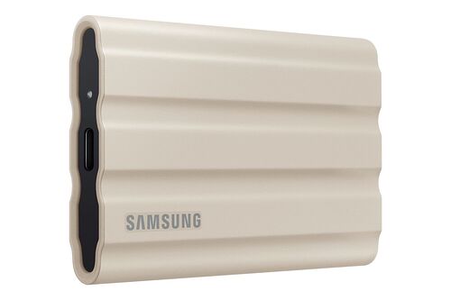 Disque dur externe Samsung de couleur beige avec un design texturé à ondulations.