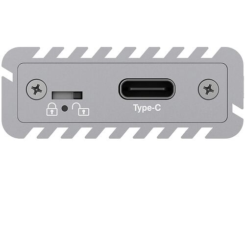 Adaptateur avec port USB Type-C et emplacement pour câble de sécurité sur un boîtier métallique gris.