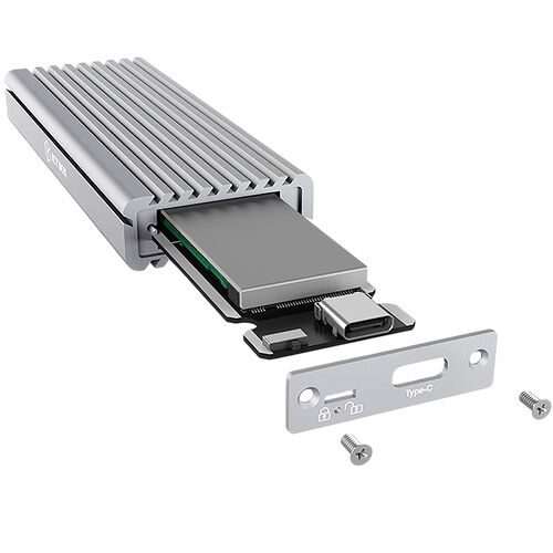 Boîtier externe pour SSD M.2 avec dissipateur thermique en aluminium argenté et connecteur USB Type-C.