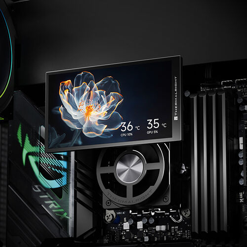 Écran LCD Thermalright intégré dans un PC, affichant une image de fleur et les températures du CPU (36 °C) et du GPU (35 °C).