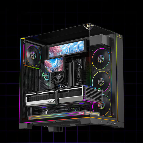 Un PC avec un boîtier vitré affichant des éclairages RGB colorés, équipé de plusieurs ventilateurs lumineux et de deux écrans internes intégrés.