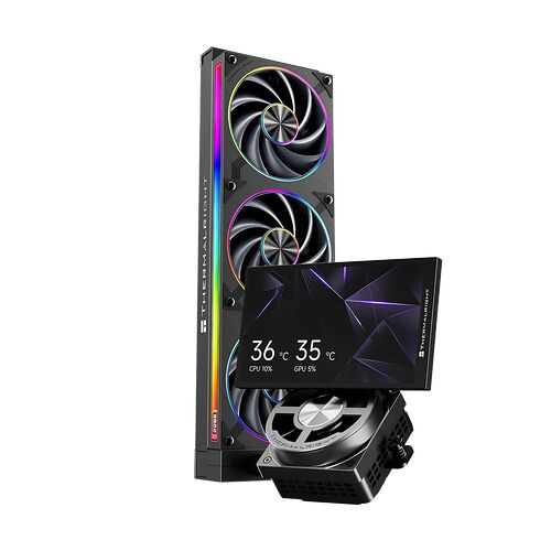 Refroidisseur liquide Thermalright avec un écran LCD intégré affichant les températures du CPU et du GPU, accompagné de son bloc pompe.