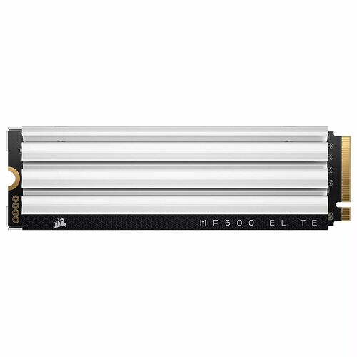SSD NVMe Corsair MP600 Elite avec un dissipateur thermique argenté et une étiquette noire.