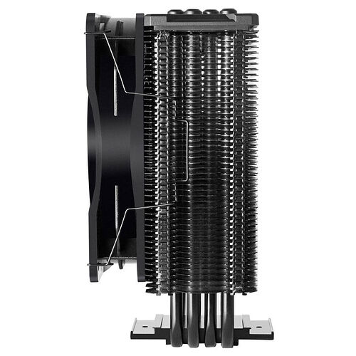 Ventirad de processeur noir avec un dissipateur thermique à ailettes et un ventilateur fixé sur le côté.