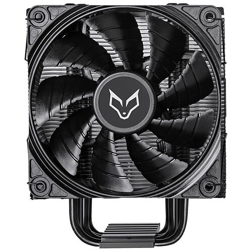 Ventilateur de processeur noir avec un logo blanc sur le centre de la pale, monté sur un dissipateur thermique à ailettes.