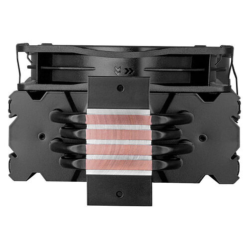 Ventirad de processeur noir avec des caloducs en cuivre apparents et un support de fixation.