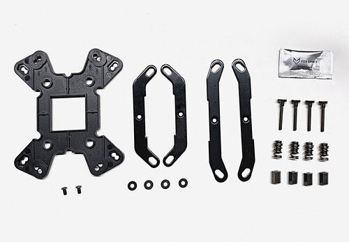 Ensemble de pièces de montage noires comprenant une plaque de fixation centrale, deux supports latéraux, des tiges de fixation, des rondelles et des vis.