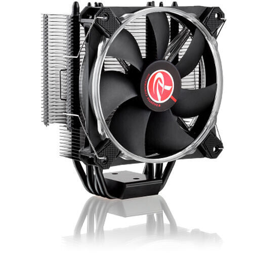 Ventilateur de processeur avec dissipateur thermique noir et un ventilateur central à pales noires avec un logo rouge.