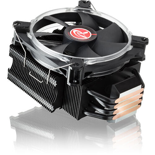 Ventilateur de refroidissement pour processeur avec un dissipateur thermique noir et des caloducs en cuivre apparents.
