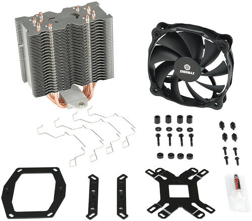 Ventirad Enermax avec son ventilateur noir, des fixations métalliques, des vis de montage et une dose de pâte thermique.