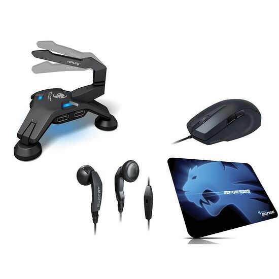 Pack gamer: souris Savu+Tapis Sense Glacier+Ecouteurs+Hub Guide câble, Roccat