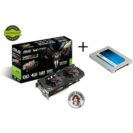Asus GeForce GTX 970 STRIX DirectCU II, 4 Go + Crucial BX100, 120 Go offert !