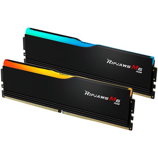 Deux barrettes de mémoire RAM G.Skill Ripjaws M5 RGB avec un éclairage LED coloré (bleu et orange) sur un dissipateur thermique noir.