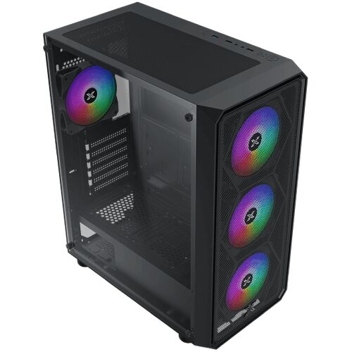 Boîtier PC noir avec trois ventilateurs RGB à l'avant et un ventilateur à l'arrière pour un refroidissement optimisé.