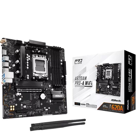 Carte mère ASRock A62AM PRO-A WiFi avec son emballage, présentant des dissipateurs thermiques noirs et des emplacements de mémoire RAM.
