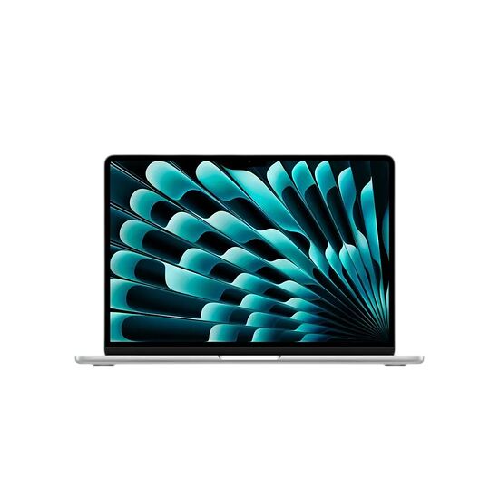 Un ordinateur portable avec un écran affichant un motif abstrait de formes bleues et turquoise sur fond noir.