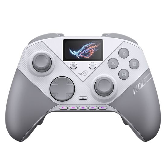 Manette de jeu ASUS ROG de couleur blanche et grise, dotée d'un petit écran numérique central affichant un logo lumineux et de nombreux boutons de commande.