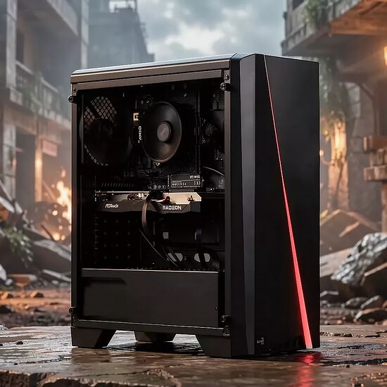 Un PC gamer noir avec un panneau latéral en verre trempé laissant apparaître les composants internes, posé dans un décor urbain post-apocalyptique.