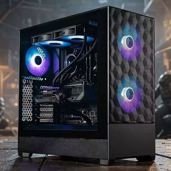 Un PC avec un boîtier noir doté d'une façade en mesh texturée et de deux ventilateurs LED violets et bleus visibles à travers la vitre latérale.