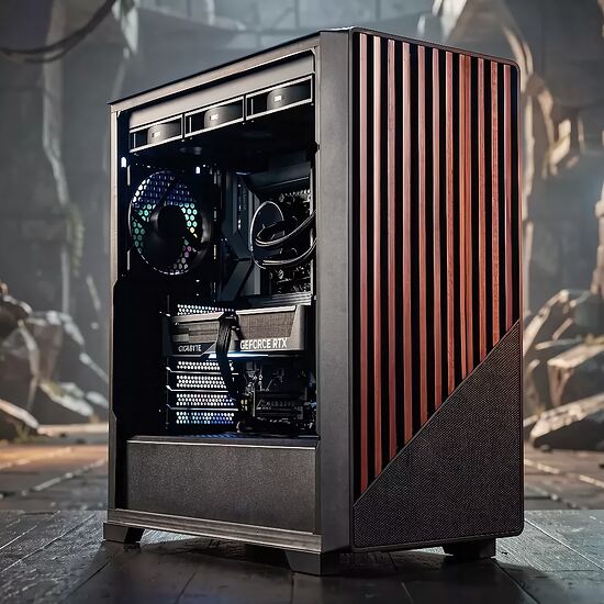 Un PC avec un boîtier noir et des détails en bois striés, doté d'une carte graphique GeForce RTX et d'un système de refroidissement à LED.