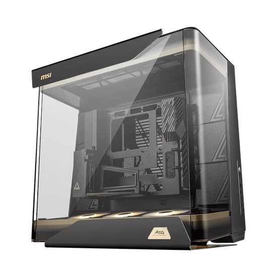 Boîtier PC MSI MEG avec une paroi latérale en verre trempé et des finitions dorées.