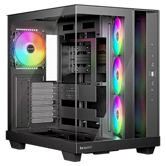 Boîtier PC be quiet! noir avec panneau latéral en verre trempé, comprenant trois ventilateurs RGB sur le devant et un ventilateur RGB à l'arrière.