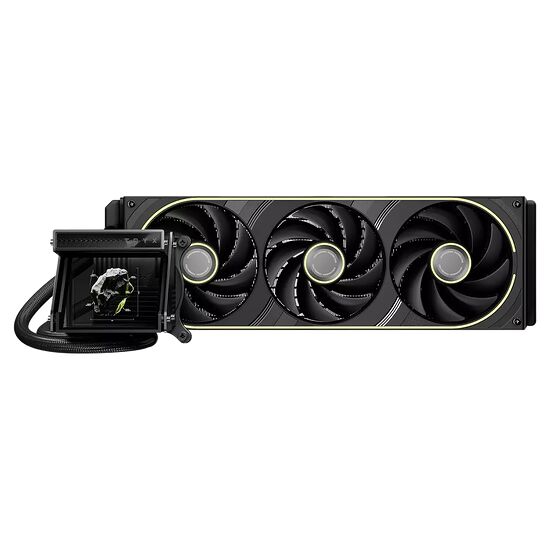 Carte graphique ASUS avec un système de refroidissement liquide et trois ventilateurs noirs avec des liserés jaunes.