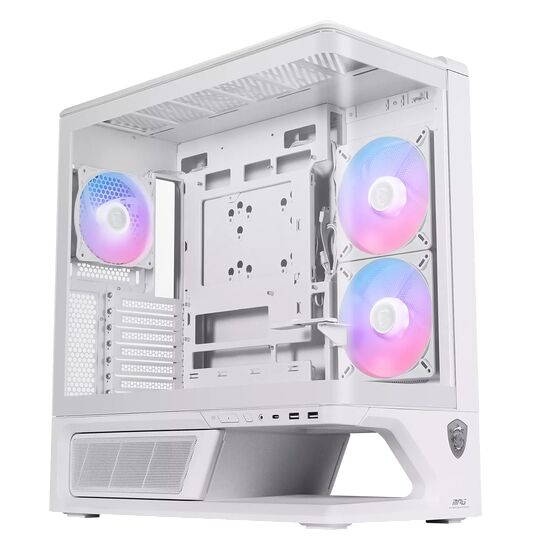 Boîtier PC blanc avec panneau latéral en verre trempé, équipé de trois ventilateurs RGB colorés à l'intérieur.