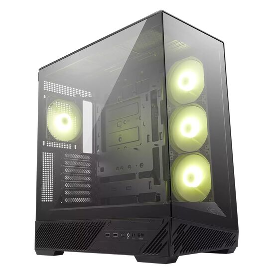 Boîtier PC avec panneau latéral en verre trempé et trois ventilateurs LED vert clair installés à l'avant.