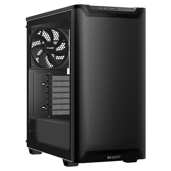 Boîtier PC noir de la marque be quiet! avec une façade en mesh et un ventilateur arrière visible.